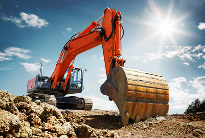 Bagger auf Baustelle Raupenbagger mit Aushub